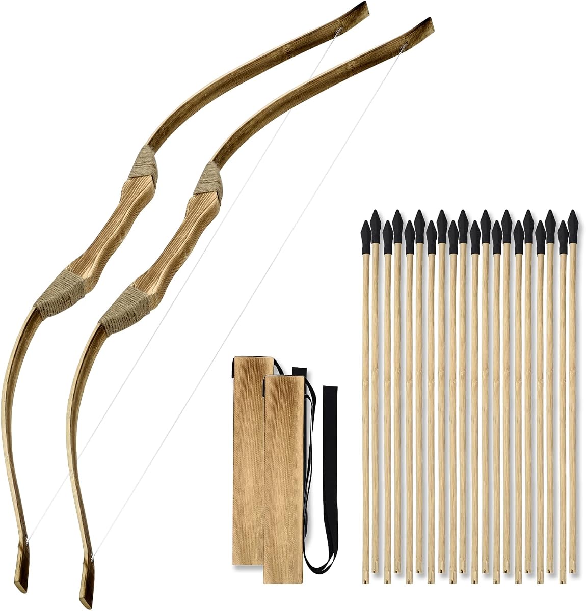 Juego de 2 arcos y flechas para niños, juego de tiro con arco de 32 pulgadas, arco y flecha de juguete de madera hechos a mano para niños de 4 a 6, 8 a 12 años, juego de disfraces, 2 arcos, 2 carcaj y 20 flechas de madera, regalos para niños y niñas