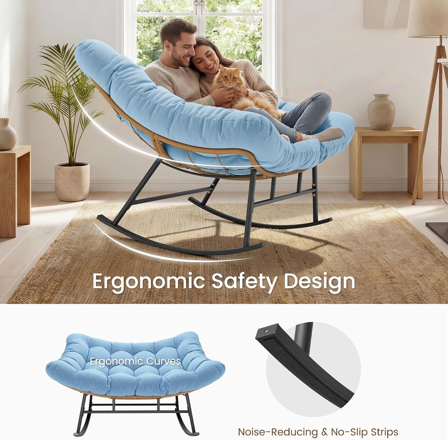 Sikaic Oversized Double Outdoor Papasan Rocking Chair, Egg Rocker with High Back Water Resistant Cushion, Rustproof & UV Resistant PE Wicker Patio Chair for Porch, Garden, Living Room, Sky Blue