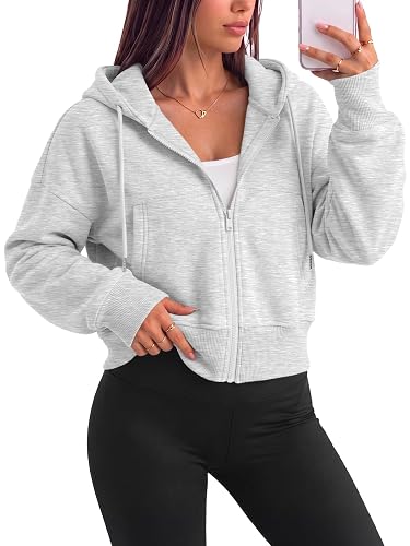 Trendy Queen Womens Zip Up Cropped Hoodies Drop Shoulder Casual