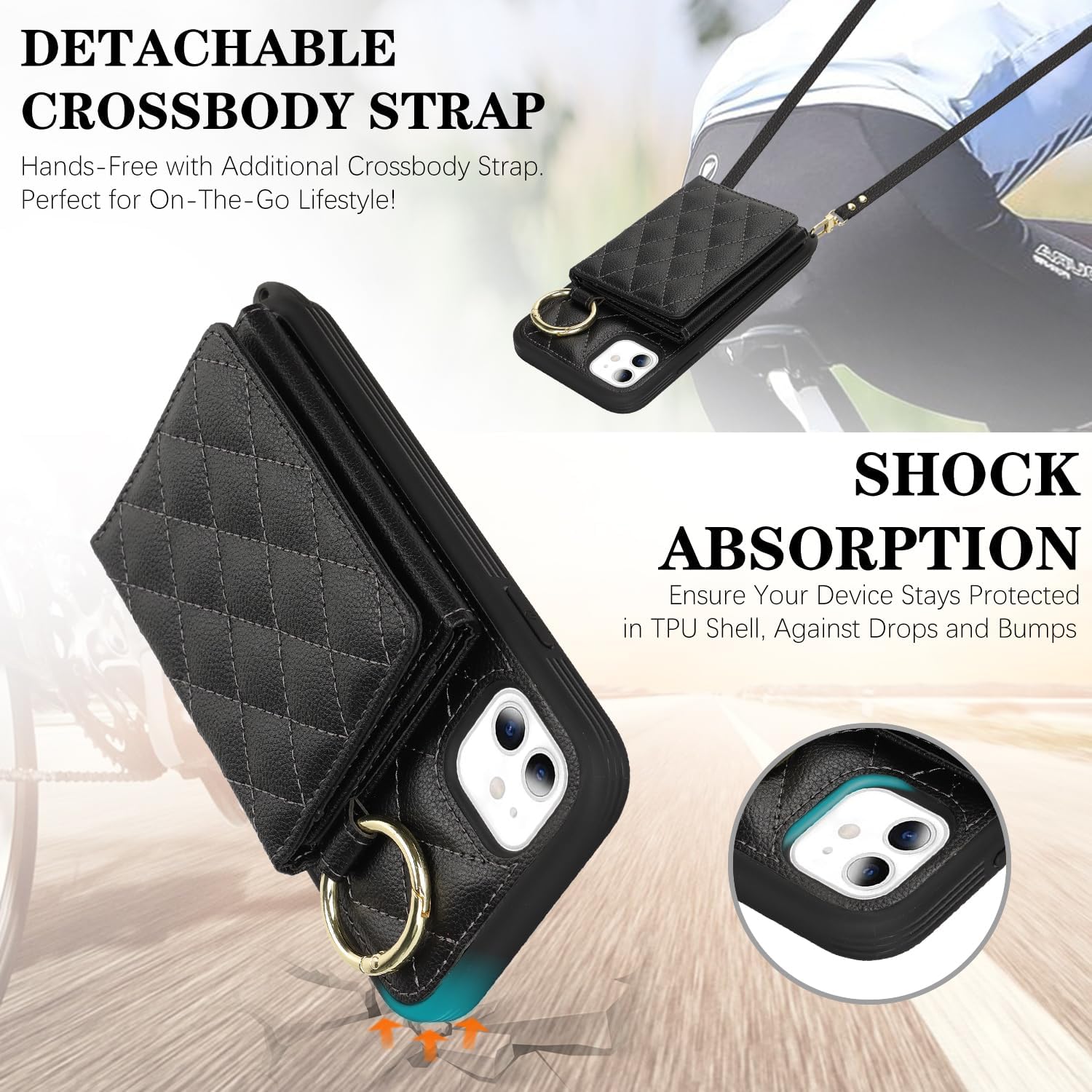 for iPhone 11 Case with Card Holder and Strap for Women,Crossbody Lanyard, Make Up Mirror,Ring Stand,Snap Clasp,Cute Phone Wallet Cases 6.1 inch - Black - Image 6