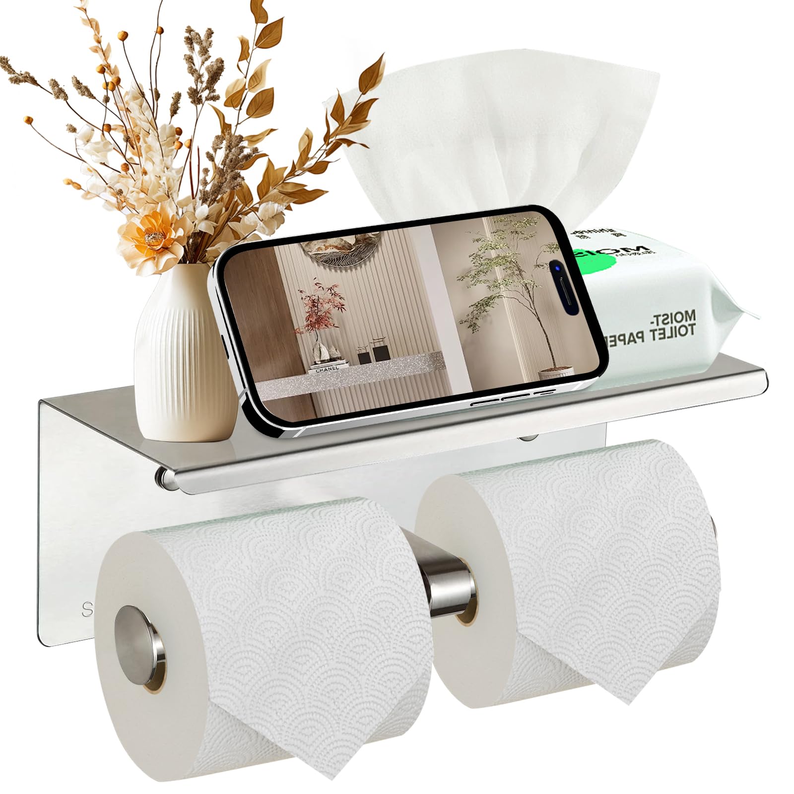 Toilet Roll Holder Wall Mounted Stainless Steel Toilet Paper Holder with Shelf Heavy Duty Double Roll Bathroom Organizer for Small Spaces & RVs