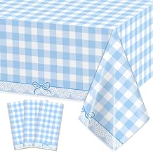 3pcs Blue Bow Checkered Tablecloth, 54 x 108 Inch Bow Theme Plastic Table Cover, Coquette Birthday Decorations for Bridal Shower, Wedding, Baby Shower, Girls Birthday Party Supplies