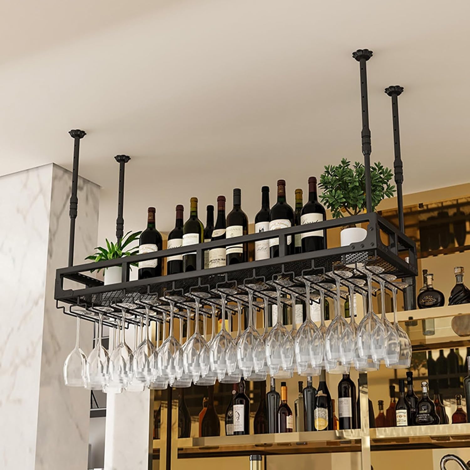 Adjustable Height Luxury Wine Glass Hanger Rack for Upside Down Hanging and Storage in Home Bar or Kitchen Ceiling Mounted Goblet Wine Holder for Coee Party Hosts