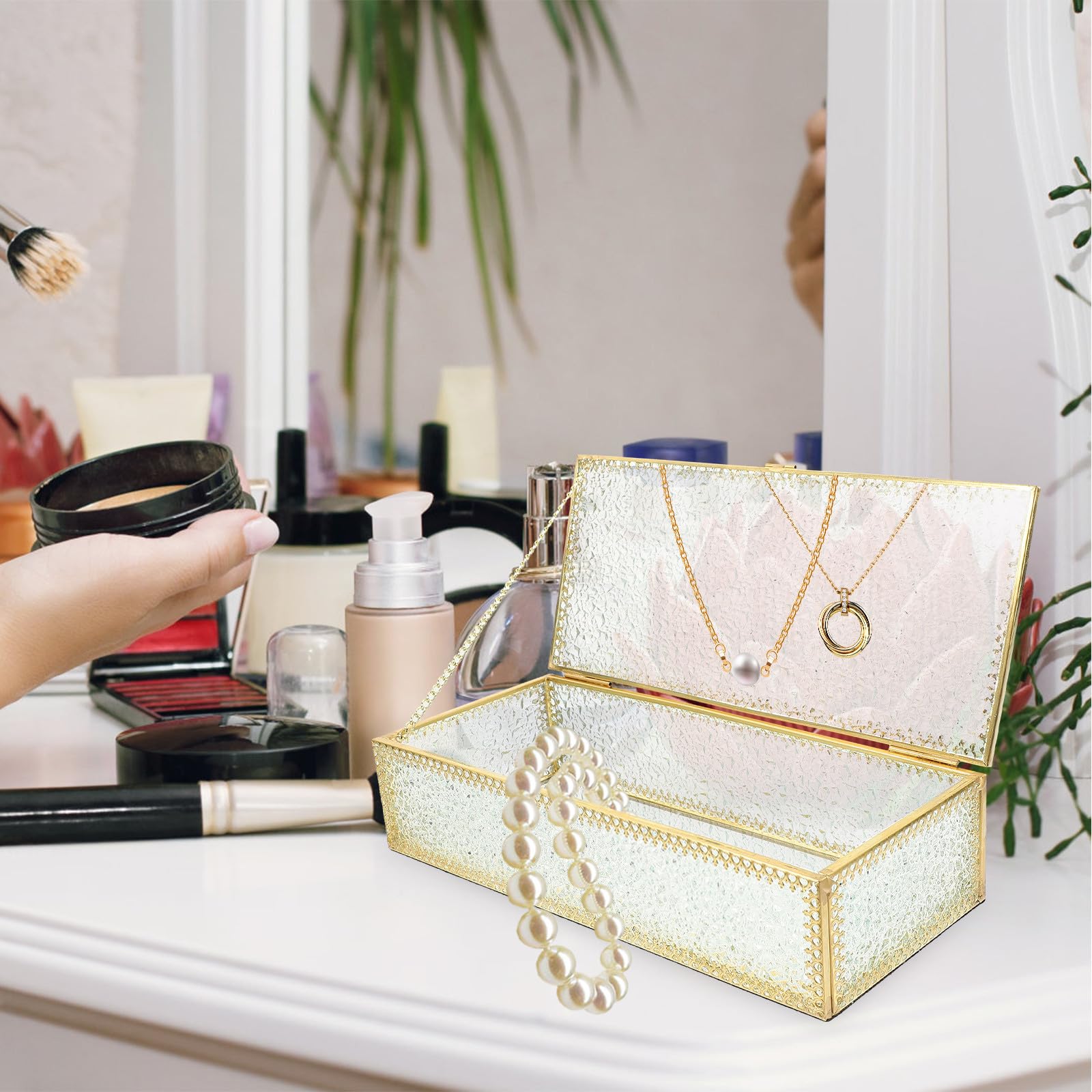 Joyero Rectangular de Vidrio Diseño Diamante, para Anillos y Collares