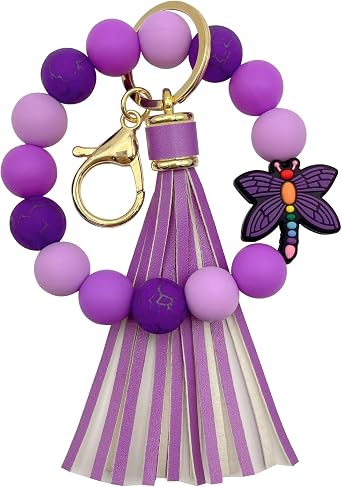Keychain Wristlet for Women Cute Dragonfly Silicone Beaded Key Chain Key Holder Charm Bracelets Keyrings