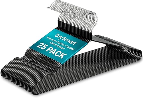 DrySmart 25 Pack Premium Rubber-Coated Metal Clothes Hangers – Heavy-Duty, Non-Slip, Space-Saving Coat Hangers for Adults, Ideal for Shirts, Suits, Jackets & Wardrobes (Black)
