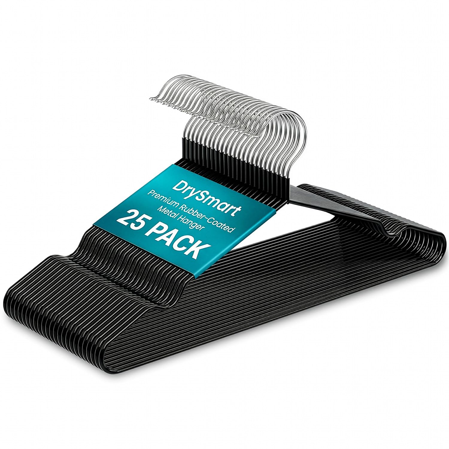 DrySmart 25 Pack Premium Rubber-Coated Metal Clothes Hangers – Heavy-Duty, Non-Slip, Space-Saving Coat Hangers for Adults, Ideal for Shirts, Suits, Jackets & Wardrobes (Black)