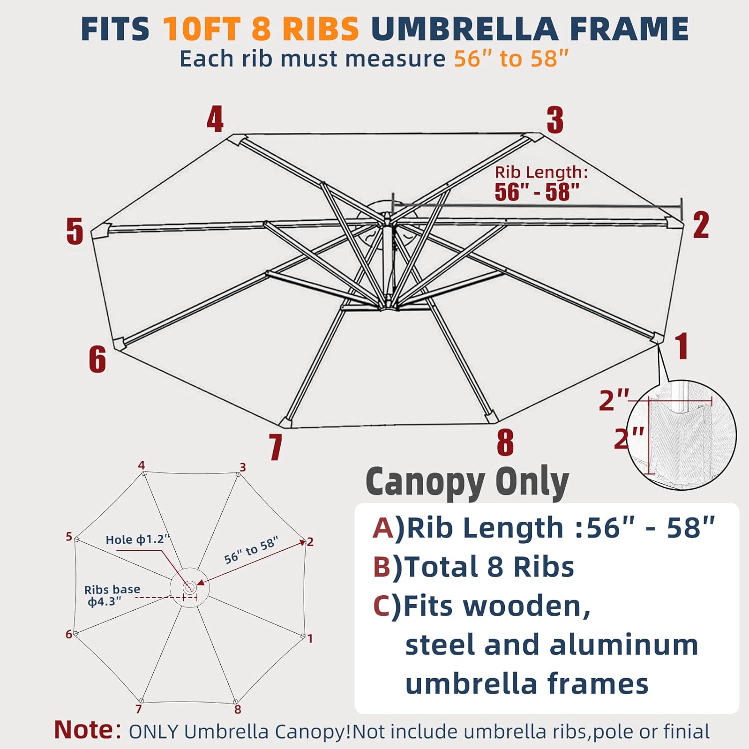 10ft Patio Umbrella Replacement Canopy for 8 ribs, Fits Hanging Offset Cantilever Market Outdoor Patio Shades，Canopy Only