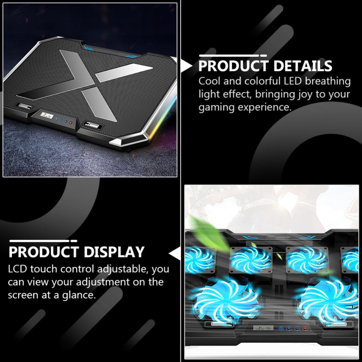 HOMSFOU USB Laptop Kühler mit RGB Beleuchtung Höhenverstellbarer Gaming Laptop Kühlständer aus Legierung mit Großem Lüfter und 7 Winkel Verstellung für Leises Arbeiten