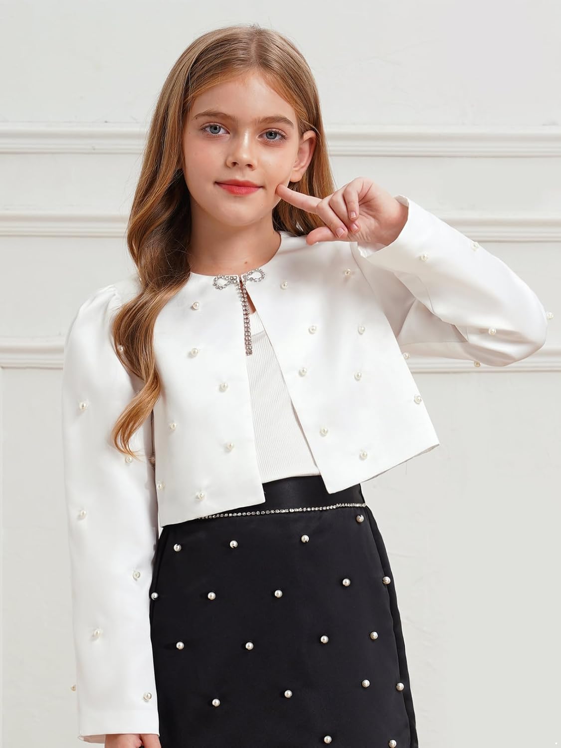 Sywiyi Girls Crew Neck Long Sleeve Satin Bolero Shrug Kids Pearls Cardigan Cropped Coat Jacket Outwear