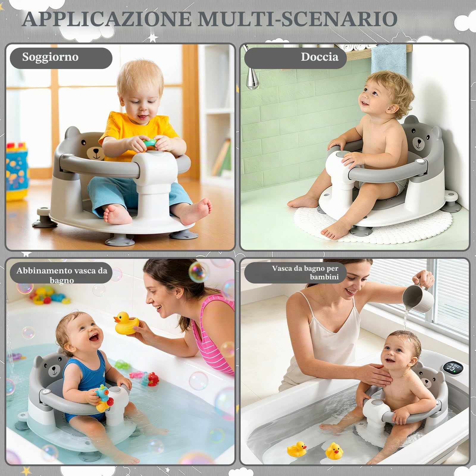 Seggiolini Per Bagnetto, Seggiolino Doccia Neonato, Seggiolino Da Bagno Antiscivolo Per Bambini A Partire Da 6 Mesi, Protezione A 360°, Per Doccia O Vasca Da Bagno (Grigio)