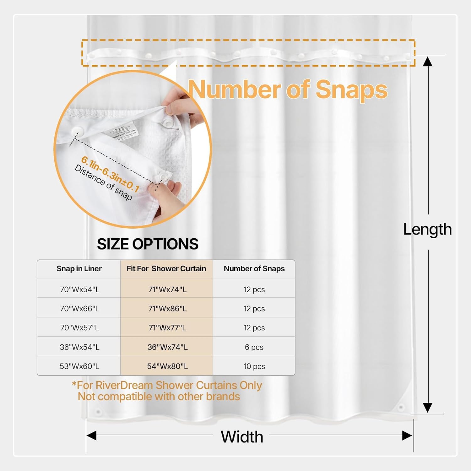 River Dream Fabric Snap in Shower Curtain Liner Replacement,White,71x66 | with Magnets,Detachable Liner,Quick Dry，Machine Washable，Fit for River Dream 71(W) x 86(H) with Window Shower Curtain