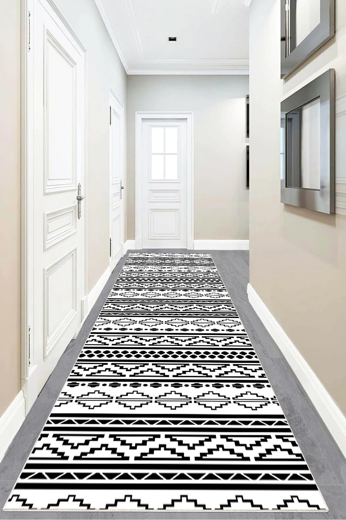 Pelangi Geometrik Çizgi Desenli Dijital Baskı Yıkanabilir Kaymaz Taban Etnik Kilim Desen Salon Halı, Siyah-Beyaz-Gri 80 x 250, 9554146802507