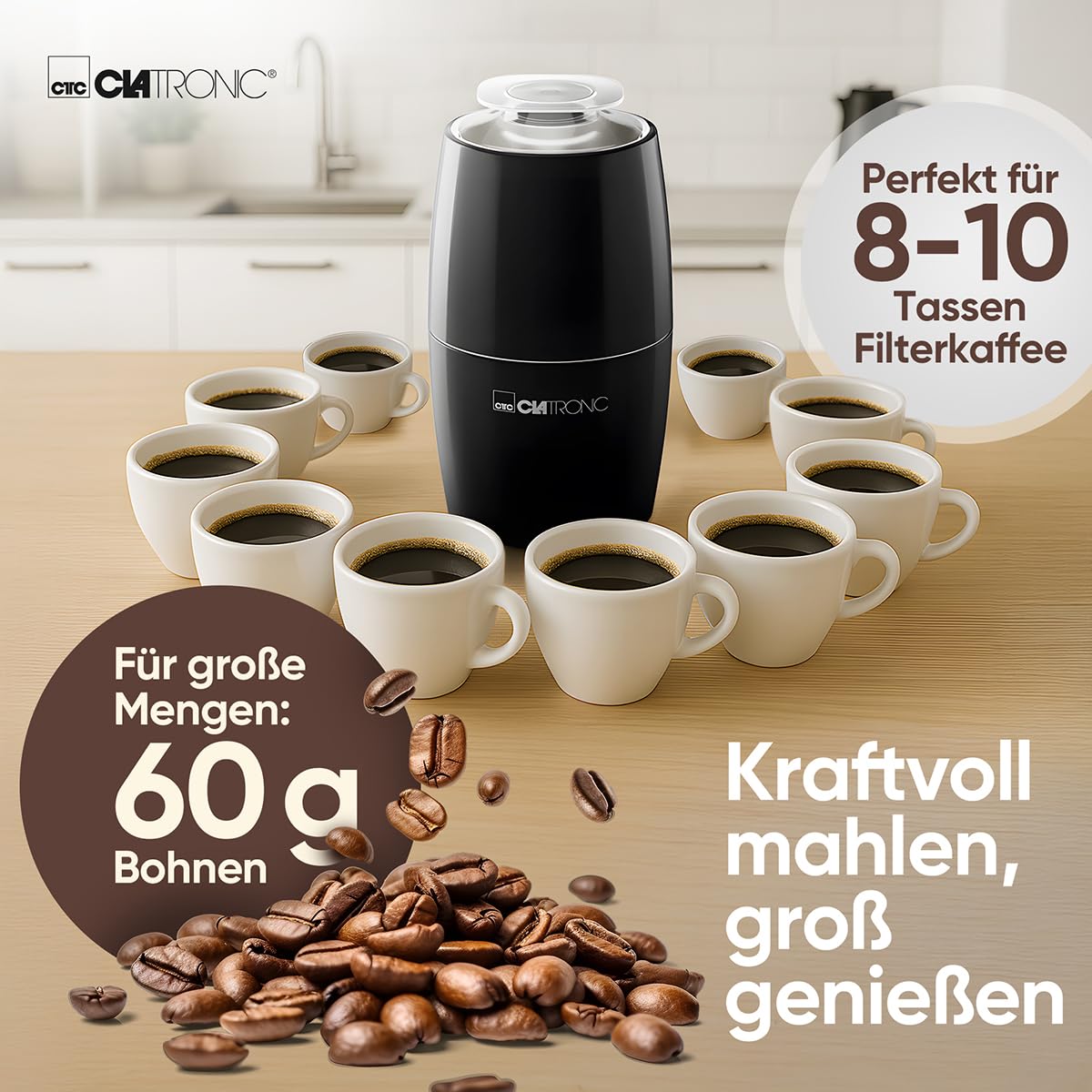 Clatronic® elektrische koffiemolen | roestvrij stalen klopperblad | 40 gram capaciteit | 120 watt motor | roestvrij stalen bonenreservoir | KSW 3306 zwart