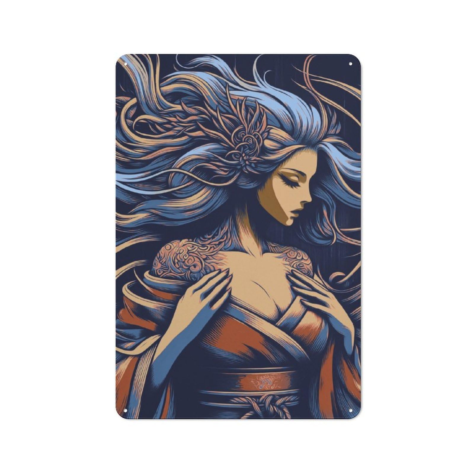 Junmoney Japanese Geisha Illustration For Lounge Or Reading Corner, Rustic Tin Sign 30X20cm, For An Autumn Update To Lounge And Reading Corner