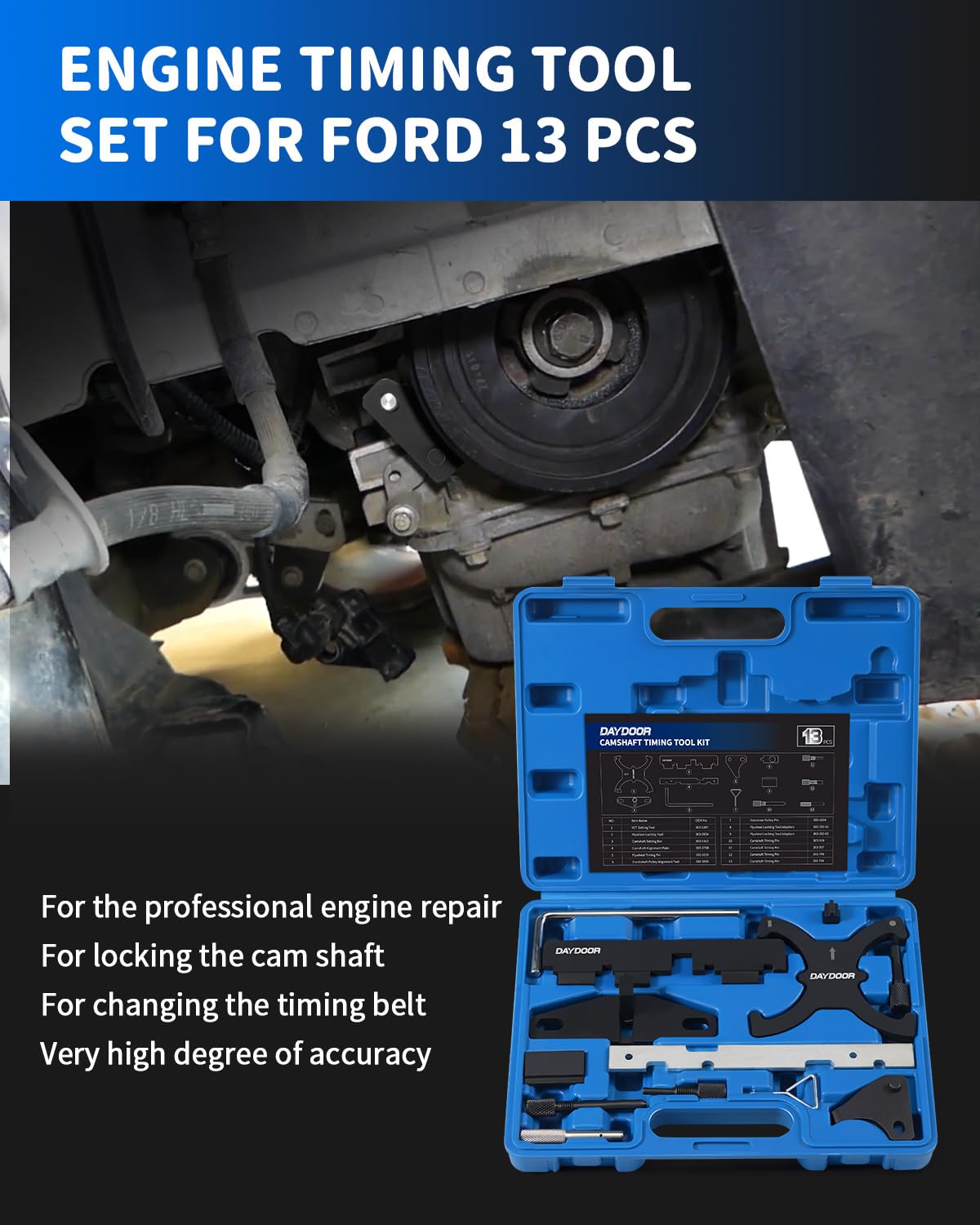 DAYDOOR Kit de herramientas de temporización, 13 herramientas de bloqueo de árbol de levas compatibles con Ford Focus Kuga Fiesta Fusion Escape 1.5 1.6 2.0 2.3 EcoBoost Mazda 2.5L, Ford 1.6L VVT