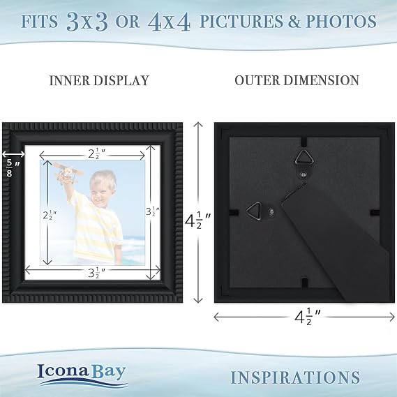 4x4 Picture Frames with 3x3 Mat, Black, 6 Pack, Contemporary, Inspirations