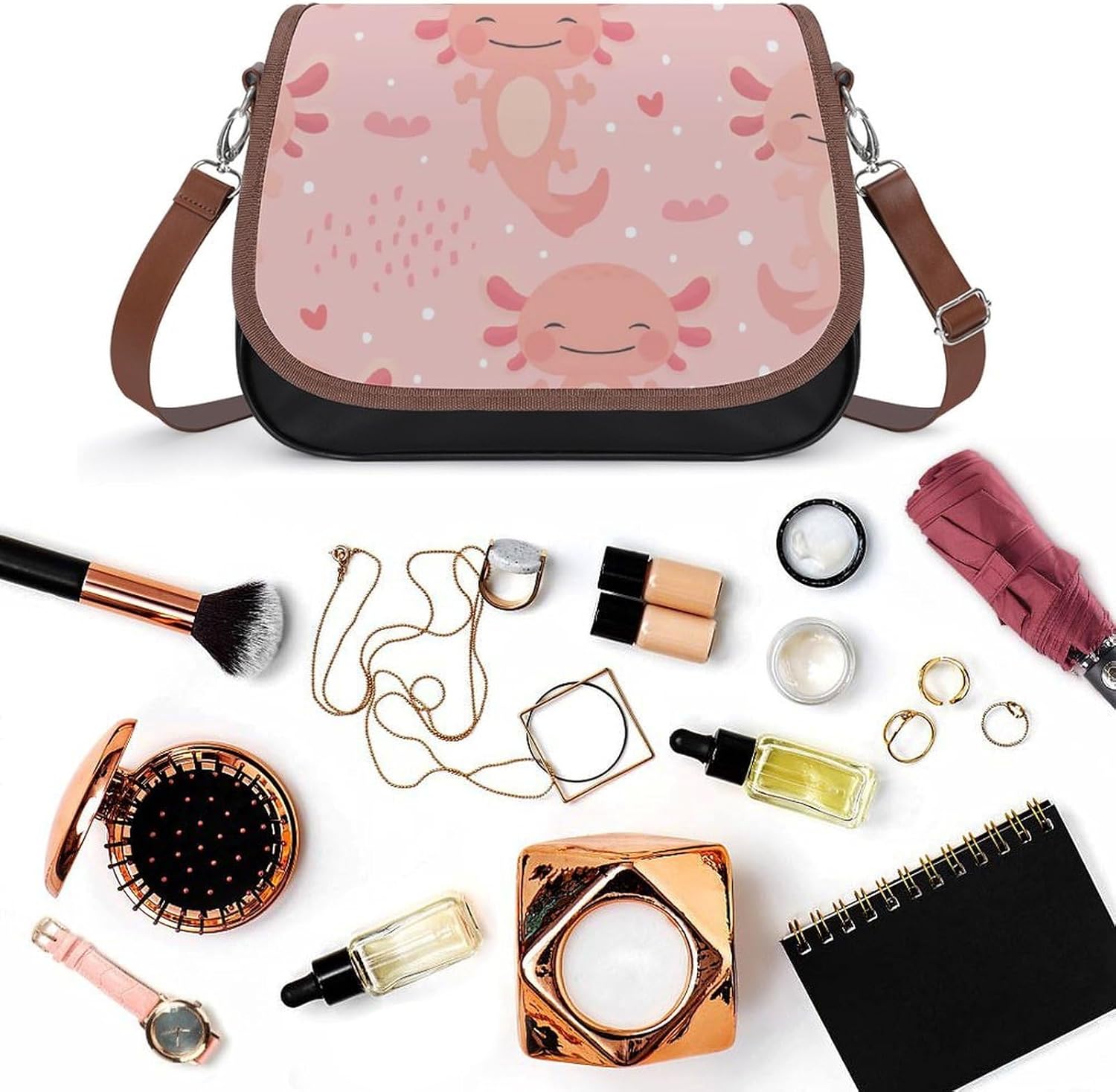 Axolotl KawaiiWomen's Faux Leather Crossbody Bag, Waterproof Wrinkle-Resistant Shoulder Bag with Detachable Strap, Large Capacity Casual Handbag, Fashion Daily Purse for Shopping Work Dating, Ideal Gi