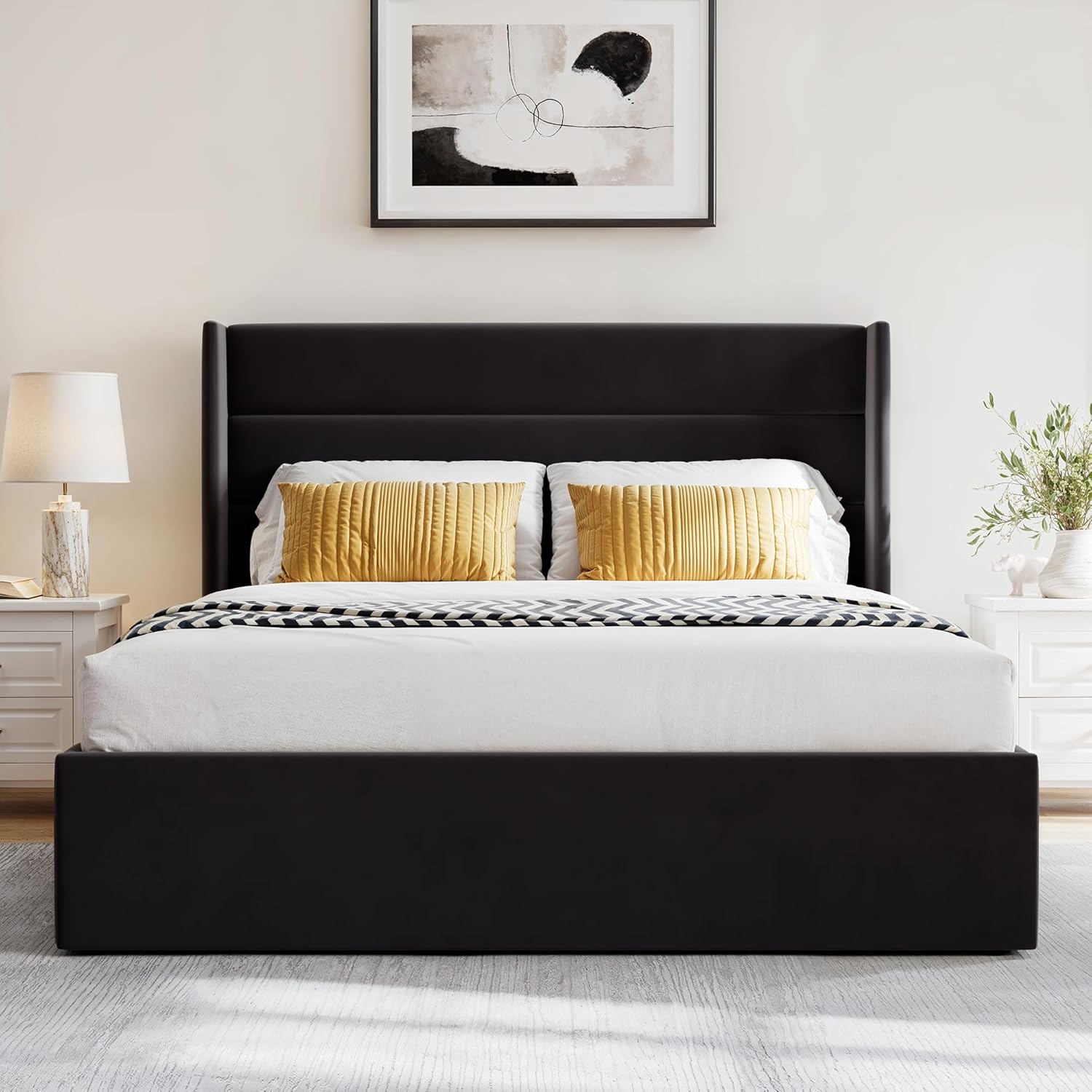 GOLDORO Full Size Upholstered Platform Bed Frame with Lift-Up Storage, Wingback Headboard, Hydraulic Lift Support, No Box Spring Needed, Black