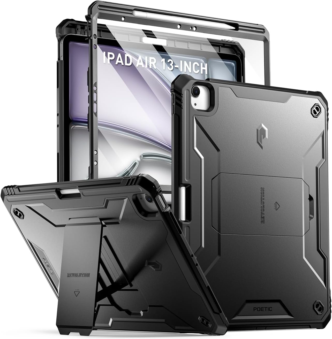 Poetic Revolution Case Designed for iPad Air 13 (2024/2025) / iPad Pro 12.9 (2022/2021), Full-Body Rugged Shockproof Protective Cover with Kickstand and Built-in-Screen Protector, Black