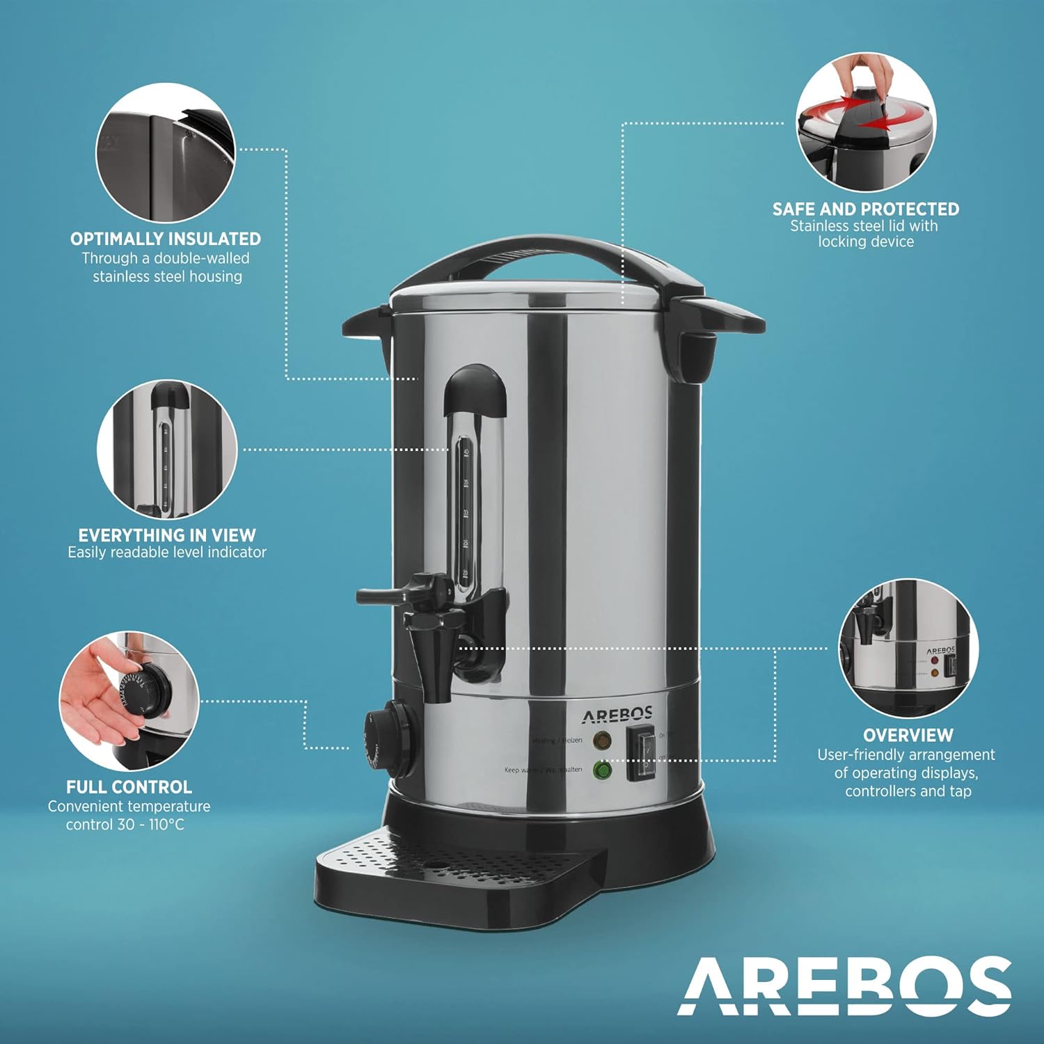 Diagram of Arebos 8.8L Hot Drink Dispenser highlighting key features like insulation, lid, level indicator, temperature control, and operating displays