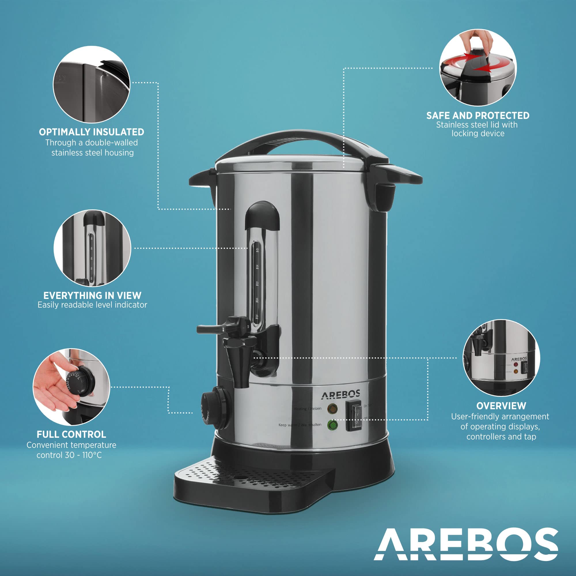Arebos Pentola Bollitore 8,8 L 950 W | Dispenser Acqua Calda Vin Brulè Caffè Tè | Distributore Elettrico Bevande Calde con Rubinetto | Temperatura Impostabile 30-110 °C