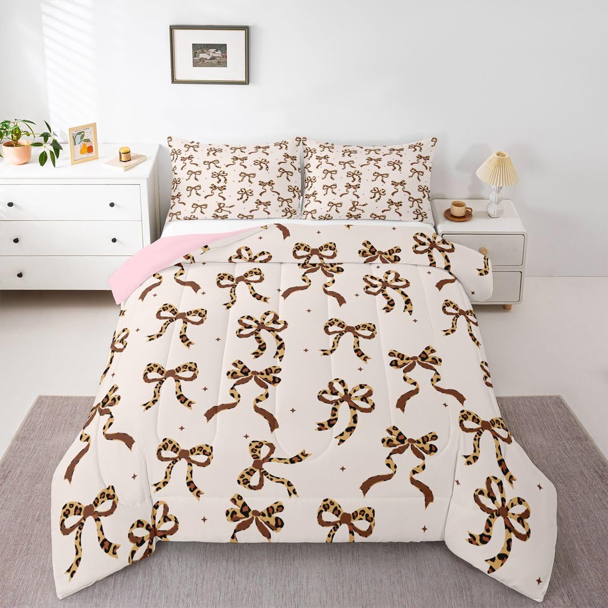 Erosebridal Leopard Print Comforter Set Queen Size Coquette Bowknot Bedding Set for Adutls Men Women Ribbon Bow Tie Comforter Glitter Stars Print Quilt Bedroom Decor