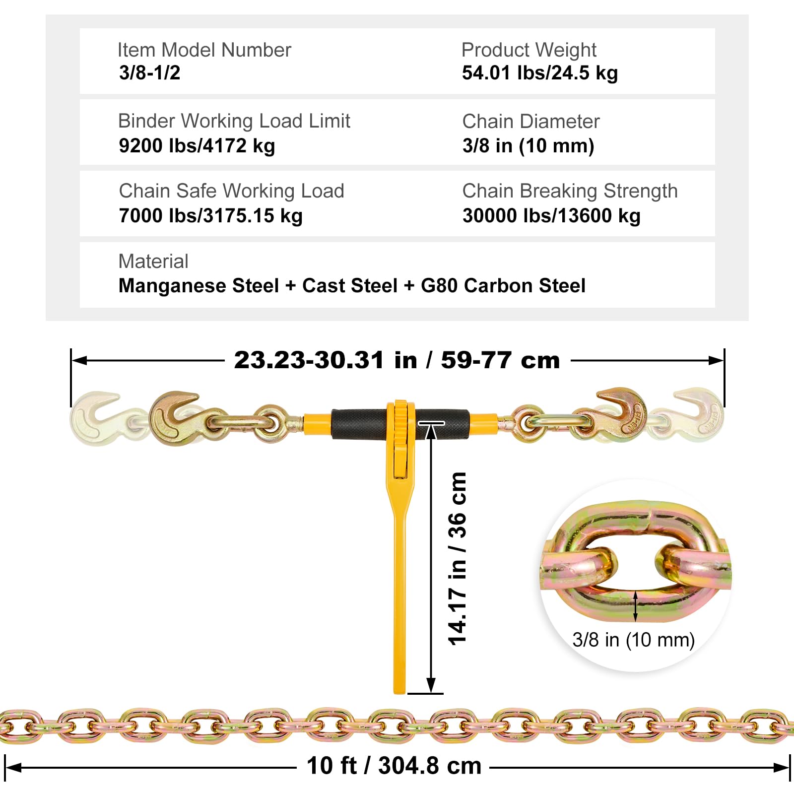 VEVOR Kit de Tensor de Cadena y Amarre 3/8" a 1/2" Tensor de Carga con Trinquete 10mm x 304,8cm Límite de Carga de Trabajo de 4172 kg con Ganchos de Agarre para Camión, Amarre, Transporte, Remolque