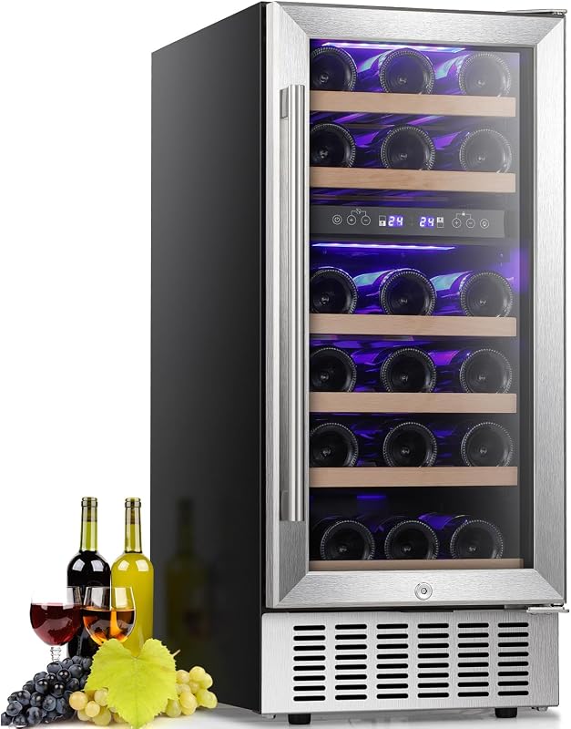 Wine Fridge,15 Inch Wine Cooler Refrigerator Under Counter(41-68°F),28 Bottles Built-in Dual Zone &Freestanding Wine Refrigerator with Stainless Steel & Double-Layer Tempered Glass Door