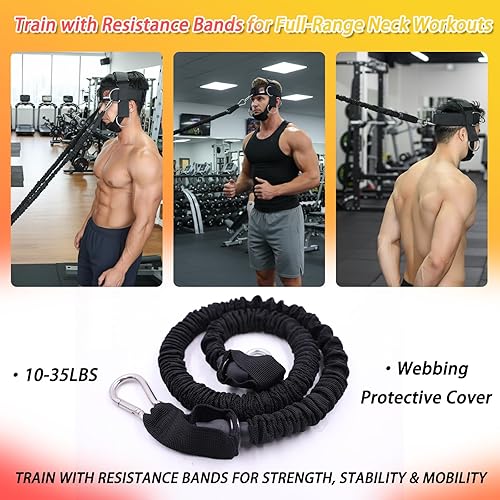 Miniatura 5 de Arnés de cuello ajustable para bandas de resistencia y levantamiento de pesas, correa para la cabeza con 6 anillos en D para entrenamiento de cuello