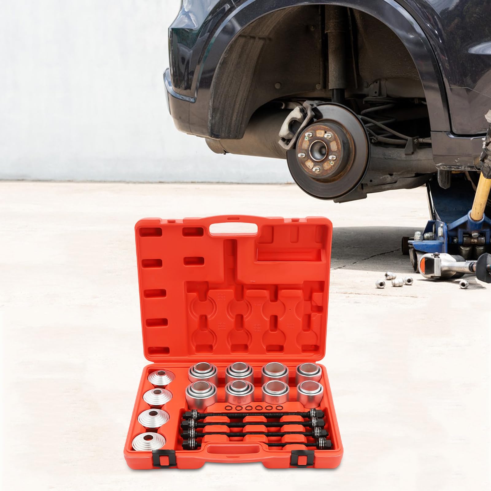 Juego de herramientas para intercambiar manguitos de goma, 28 piezas, juego de prensa y extractor para cojinetes de rueda, casquillos de goma y rodamientos de eje en coches, con maletín de