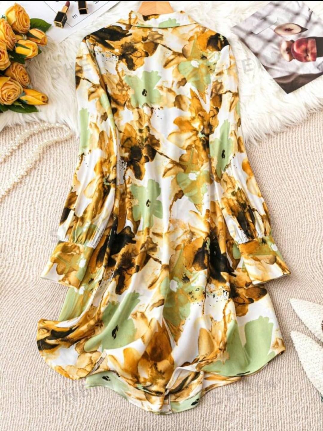Gufrina Women's Full Sleeve Collar Neck Dress - Stylish Button-Down Floral Print Midi Dress (Yellow L)