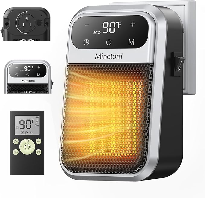 Minetom Portable Plug In Space Heater, 800W Small Wall Heater for Indoor Use, Remote, 12H Timer, ECO Mode, Overheat Protection, Fast and Safe Heat for Bathroom Garage Office Bedroom Home