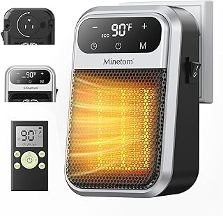 Minetom Portable Plug In Space Heater, 800W Small Wall Heater for Indoor Use, Remote, 12H Timer, ECO Mode, Overheat Protection, Fast and Safe Heat for Bathroom Garage Office Bedroom Home