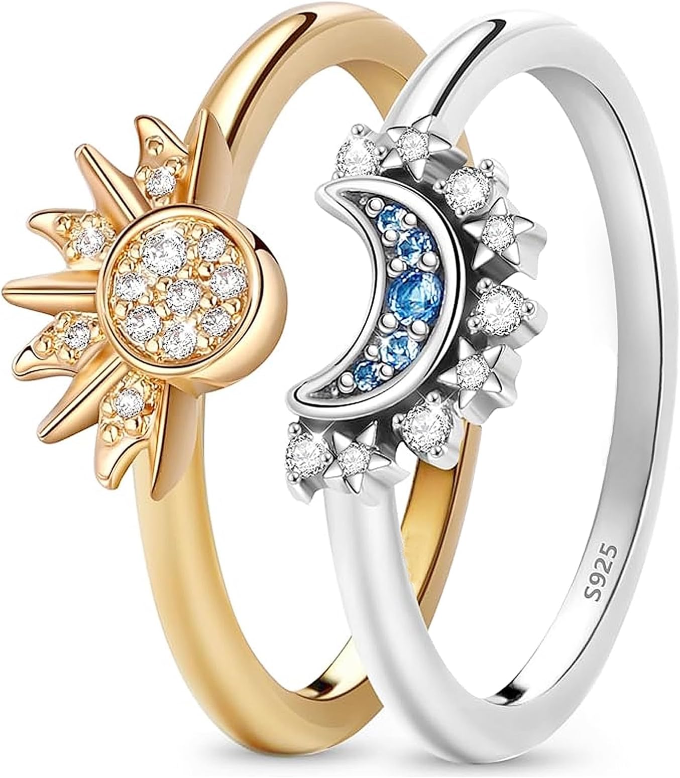 GloryitSun and Moon Ring Set Women's Rings 925 Silver, Set of Rings with Sun and Moon, Friendship Rings for Women, Sun Moon Rings Overlapping Best Friends Dupes Jewellery Gifts for Women
