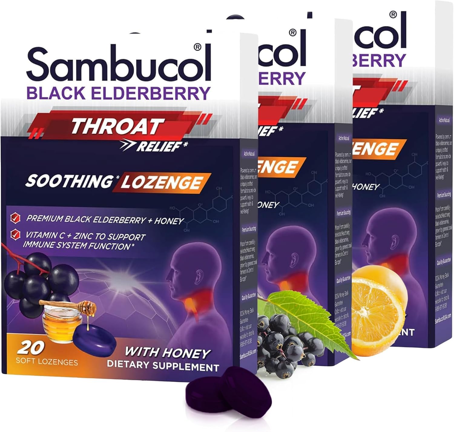 Sambucol Black Elderberry Throat Lozenge - Honey - 60 Count, 3 Pack | Sore Throat Drops with Black Elderberry, Vitamin C & Zinc, Soothes Cough, Soft & Chewy