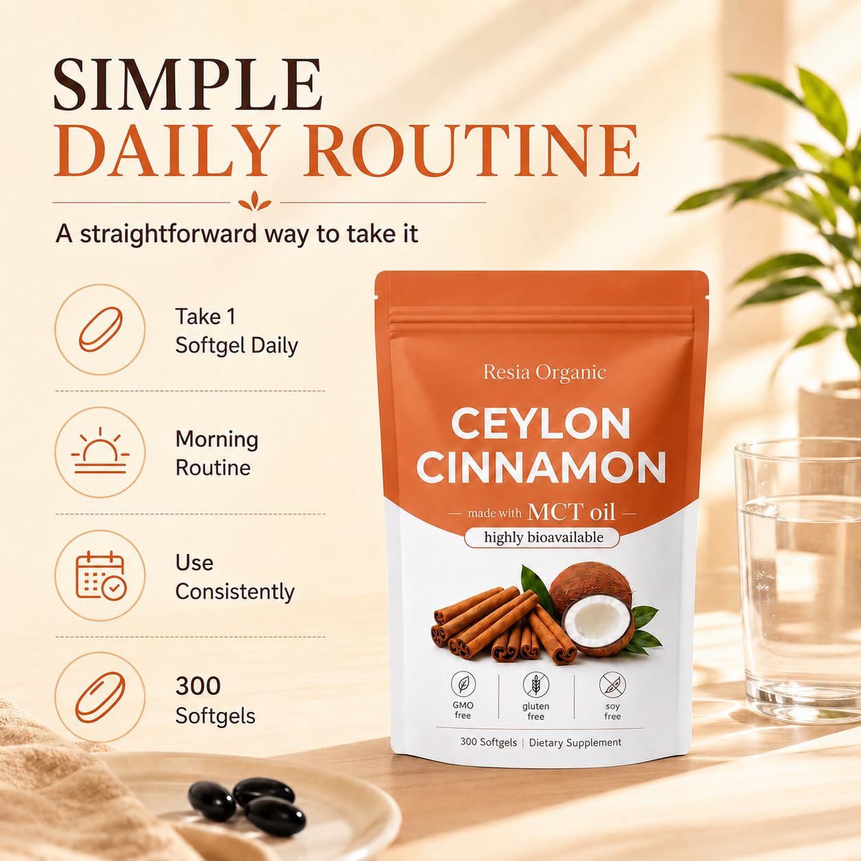 Resia Organic Ceylon Cinnamon Extract Softgels with MCT Oil, 300 Count — Amazon image 5