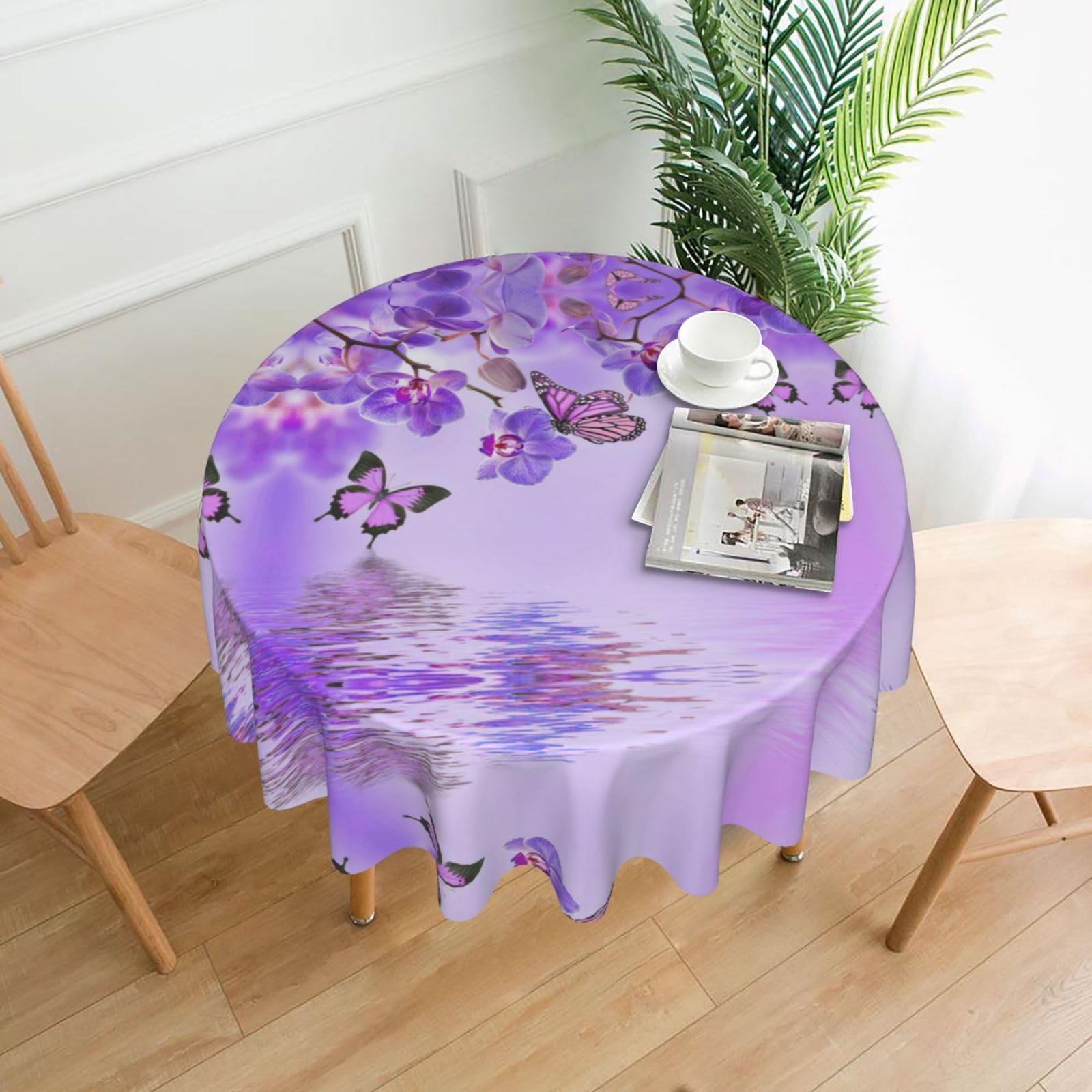 Zcmkjlg Purple Butterfly Print Quick Ship Round Tablecloth 60in Polyester Washable Cover for Dining Room
