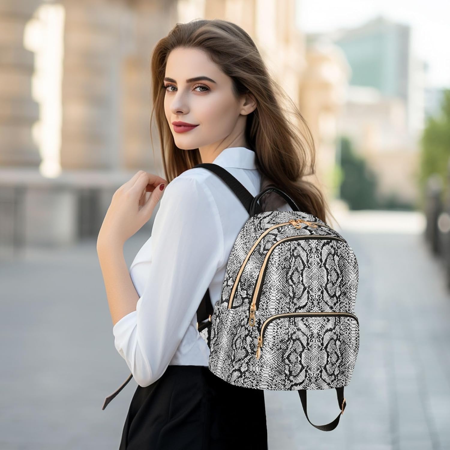 Snake Skin White Backpack Purse for Women Girls Small Fashion Mini Laptop Back Pack Purse with Zipper for College Travel S