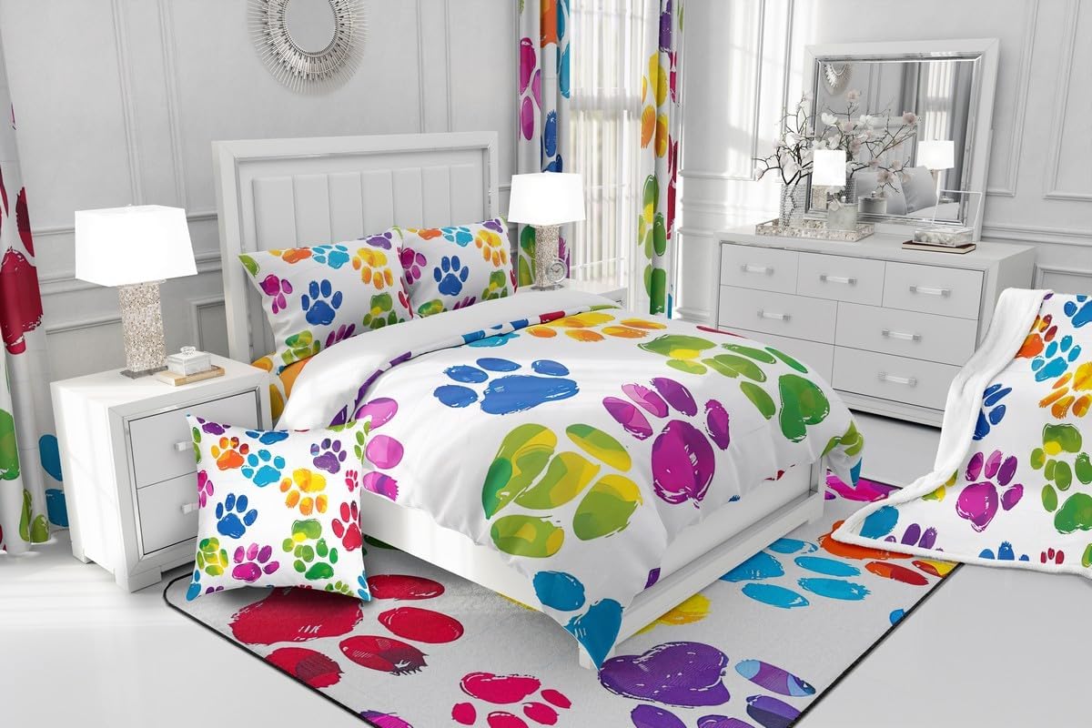 Feelyou Dog Paw Print Fleece Throw Blanket for Bed Sofa Couch Kids Twin 60"x80" Puppy Pets Animal Themed Plush Blanket Animal Sherpa Blanket Cartoon Fuzzy Blanket Colorful Flannal Blanket