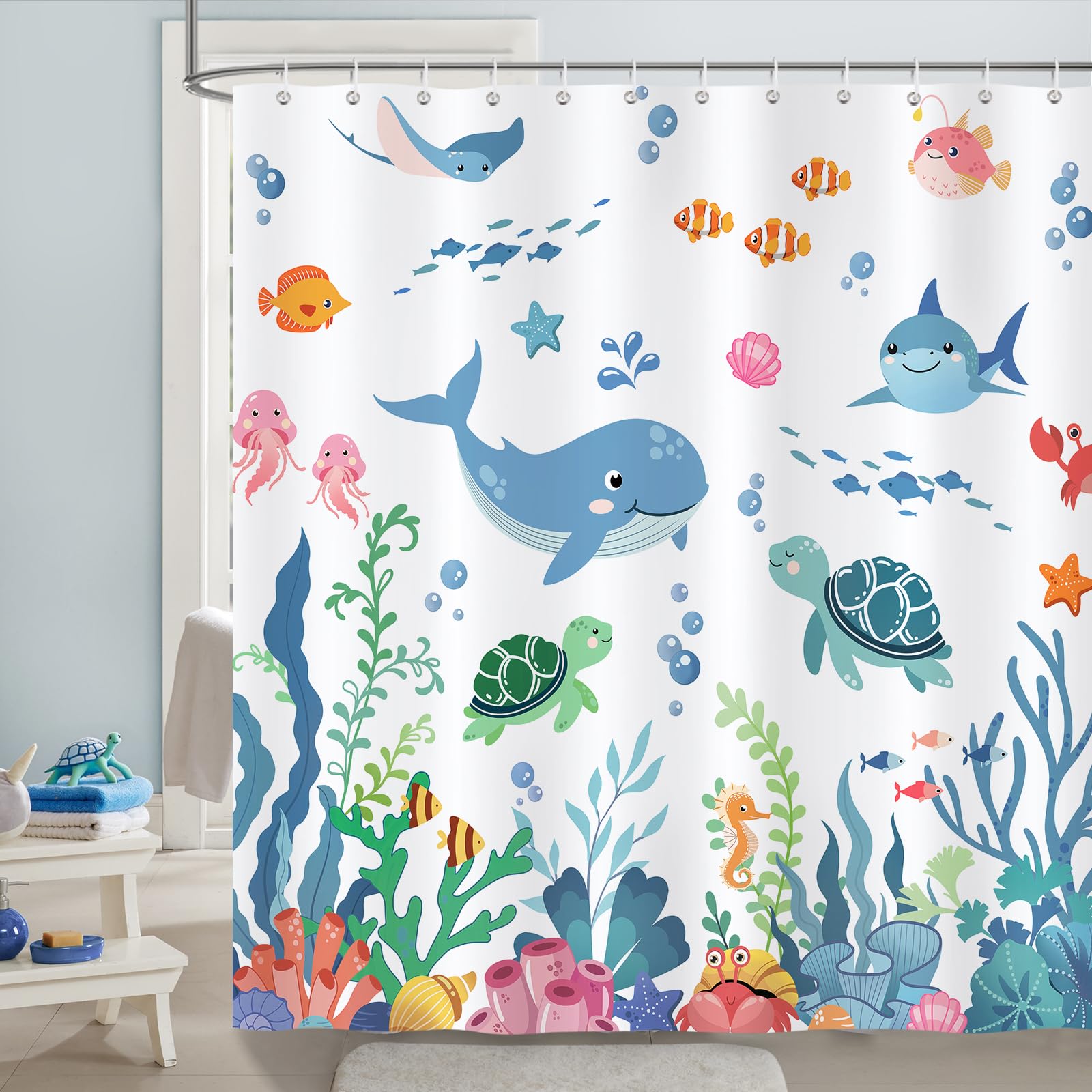 Bonhause Kids Sealife Shower Curtain, Sea Turtle Fish Ocean Animal Bathroom Curtain 180 x 180 cm Waterproof Mildew and Mould Resistant Polyester Fabric Bath Curtain with 12 Hooks