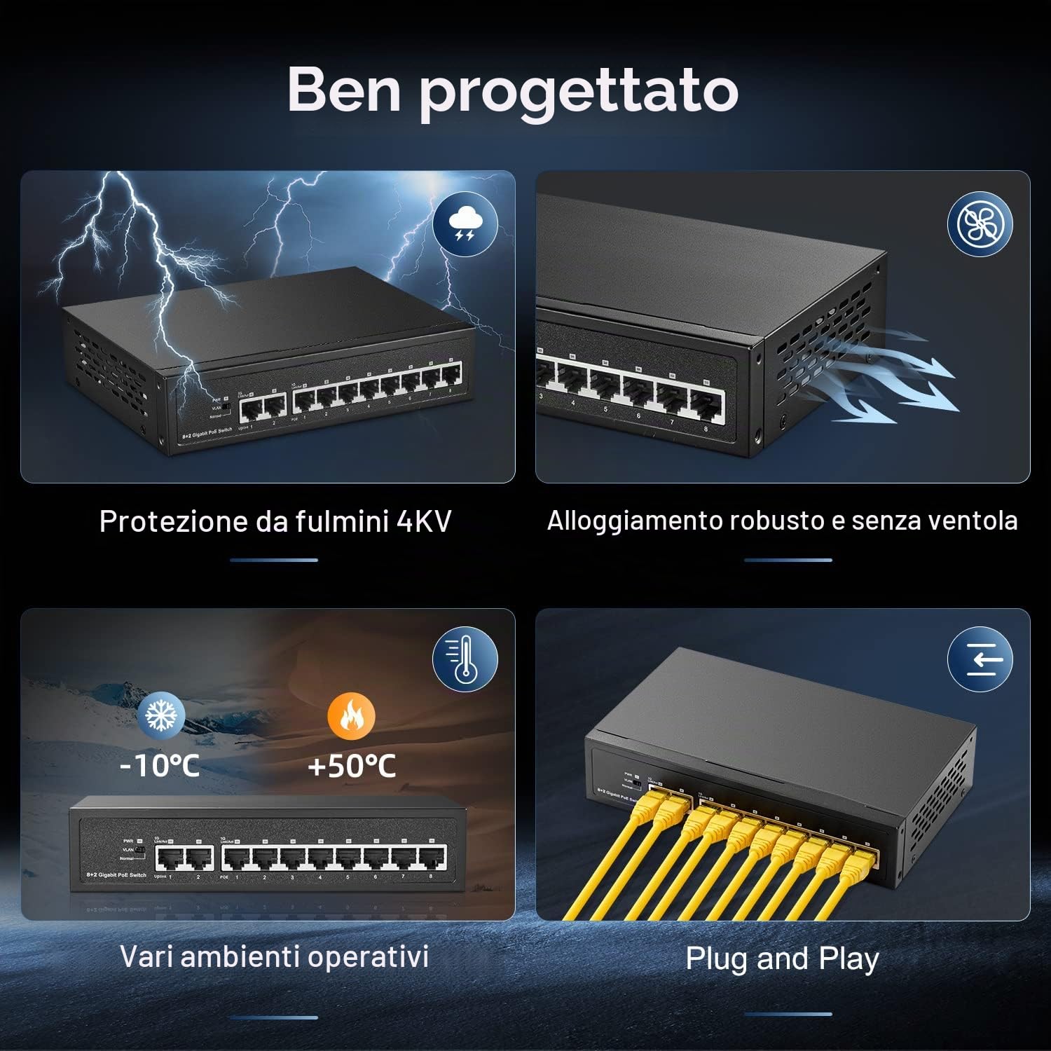 Binardat 10 porte Gigabit POE Switch, 8 porte POE+ 1000Mbps, 2 Gigabit Uplink, IEEE802.3af/at, alimentazione interna 120W, custodia metallica Plug and Play non gestita