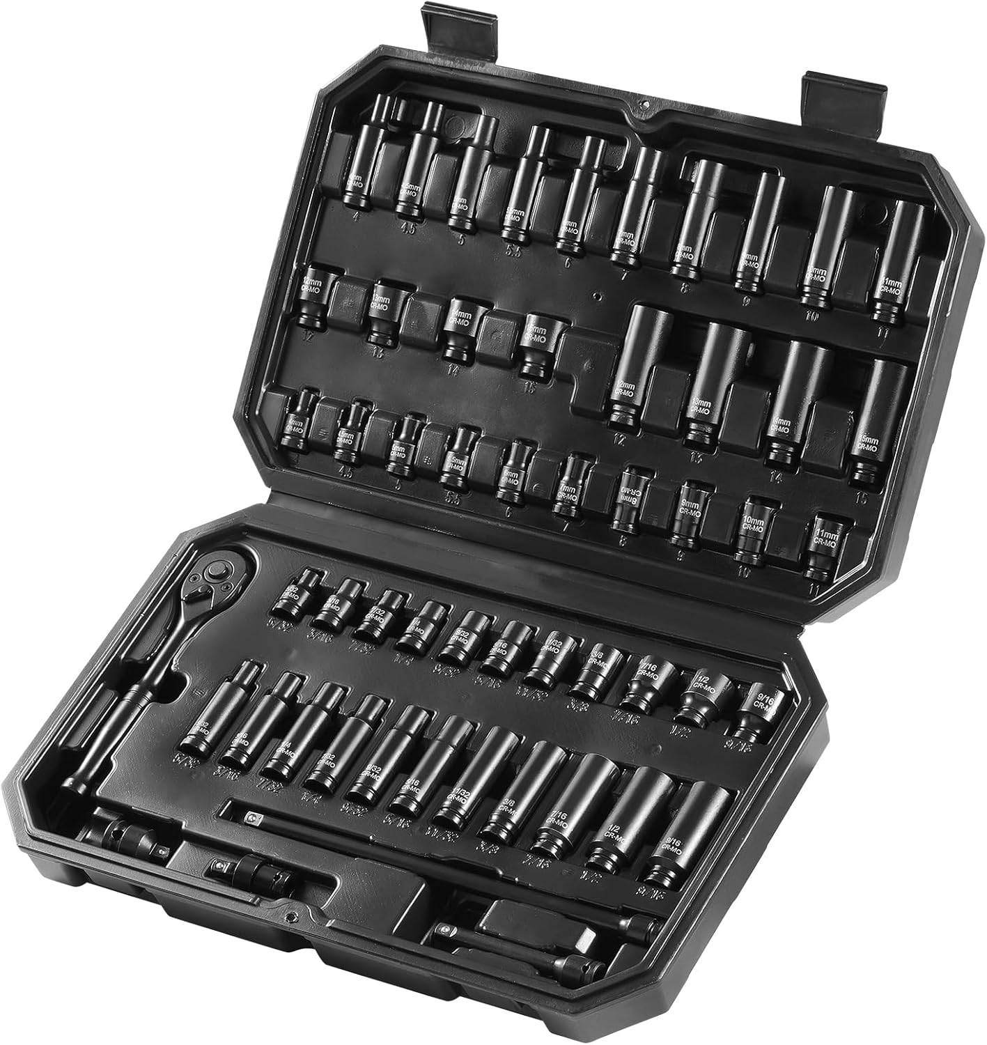 VEVOR Impact Socket Set 1/4" Drive, 55-Piece Deep & Shallow Socket Set Standard SAE (5/32 to 9/16 inch) & Metric (4 to 15 mm) Size, 6 Point, CR-V, Extension Bar, Universal Joint, Reducer - Image 9