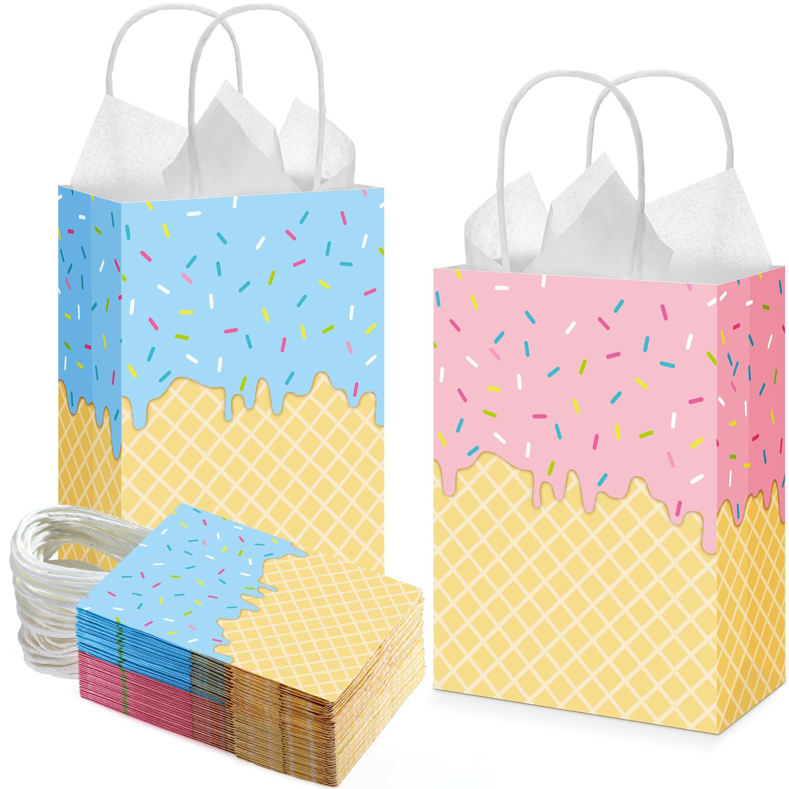ReliThick 30 Pcs Ice Cream Drip Gift Bags with Handles Ice Cream Paper Goodie Bags Pink and Blue Summer Party Favors for Baseball Birthday Baby Shower