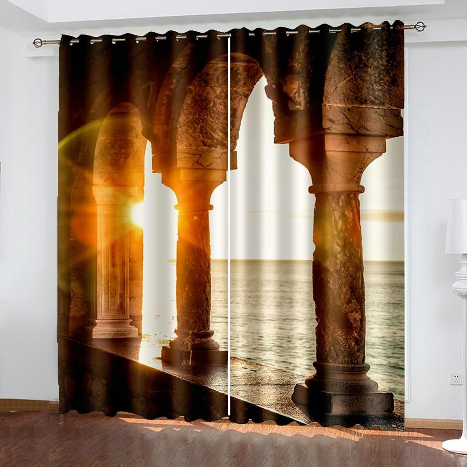 Gualiy Vorhänge Ösen 2er Set Blickdicht, Vorhang 132x183 Retro Architektur und Sonnenuntergang Vorhang Verdunkelung