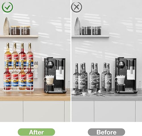 Miniatura 7 de OVICAR Organizador de jarabe de café, soporte para 8 botellas de jarabe para cafetería, bar, estación de café, accesorios con cesta de cápsula de