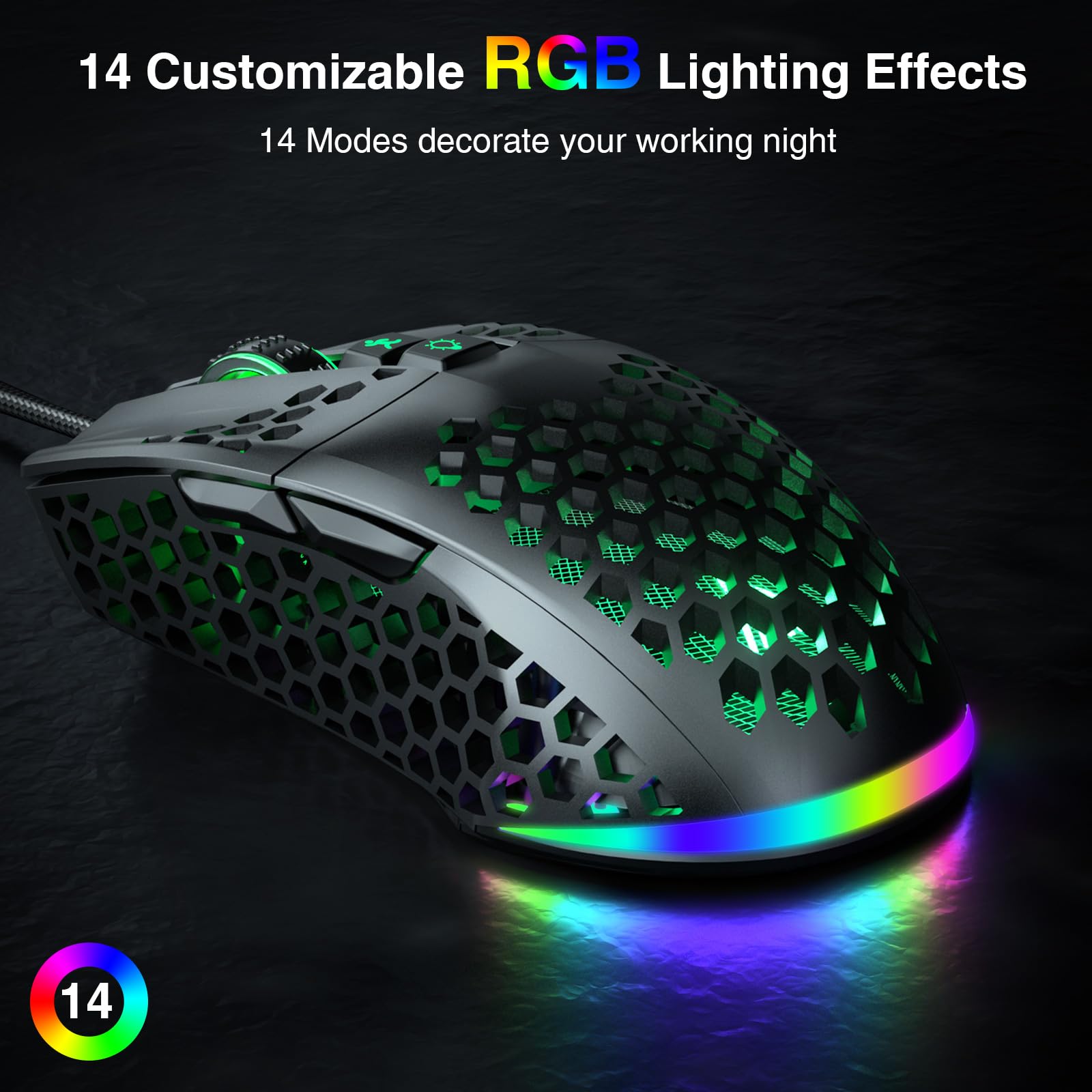 SOLAKAKA Ratón RGB para juegos con cable con carcasa de panal ajustable, 12800 ppp, 7 botones programables, mouse ergonómico para juegos para Windows, PC, Mac, laptop y gamer