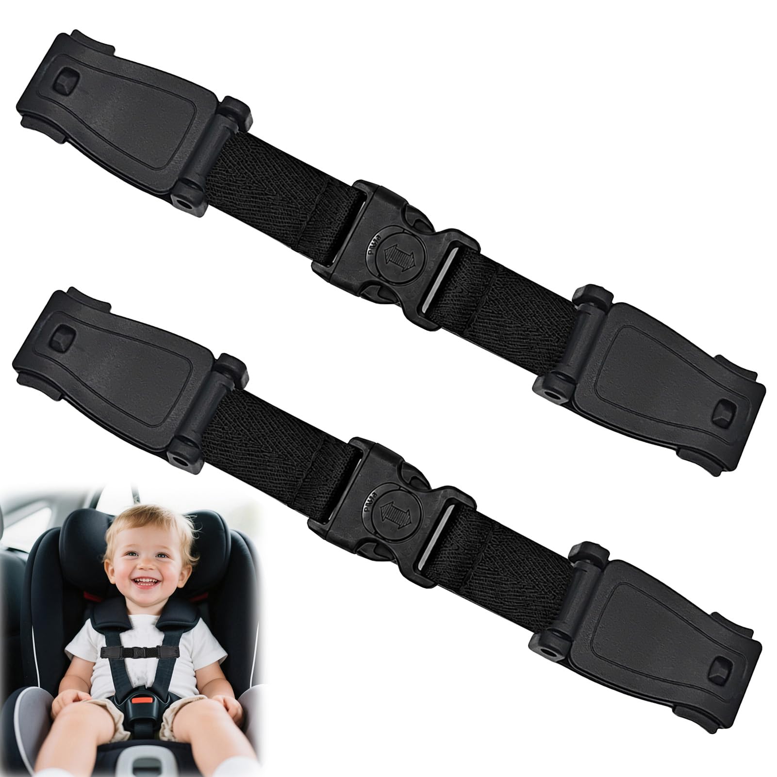 2 Pack Anti Escape Car Seat Strap and Baby Safety Harness Clip, Adjustable Child Car Seat Clip for High Chairs Strollers Infant Seat Belt Restraint Baby Rein and Car (Black with Buckle)
