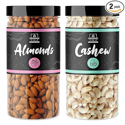 Organic Box 100% Natural Premium Mix Dry Fruits and Nuts - Combo Pack Badam + Kaju Jar Pack - 500 Gram (Each) Cashew + Almond (Kaju + Badam) Dry Fruit, 1 Kg (500 Gram * 2 Jar)