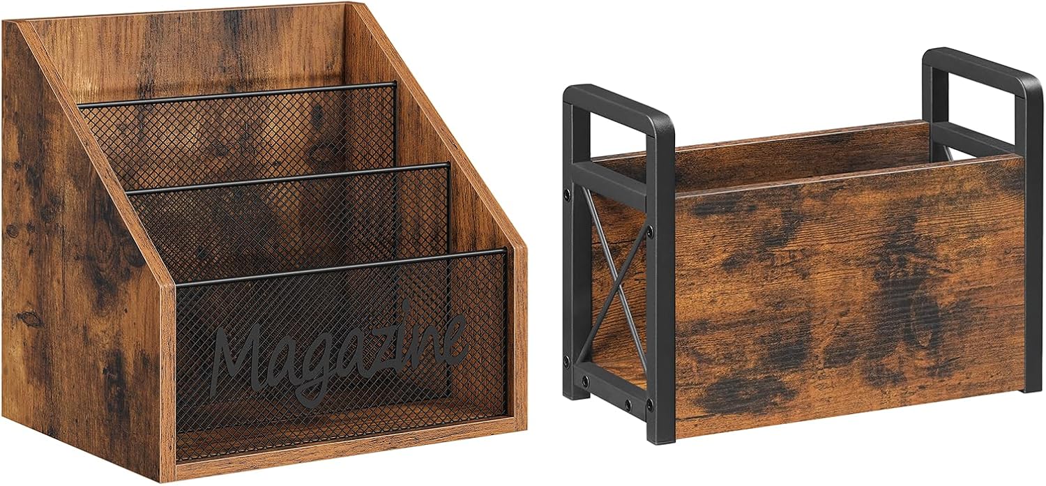 Magazine Holder and Magazine Rack Floor Bundle, Record Holder for Magazines, Books, Newspapers, MR02BR-MR01BR